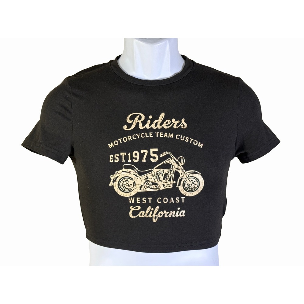 Unbranded Crop Top Graphic Tee‎ Women Small Black Biker Motorcycle California